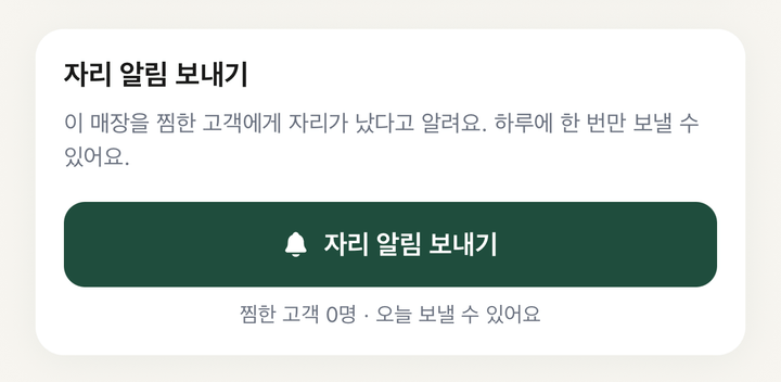 사장님 앱의 자리 알림 보내기 카드. 찜한 고객에게 자리가 났다고 알리는 버튼이 있습니다.